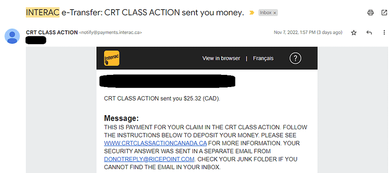 email excerpt of the CRT Class Action interac transfer