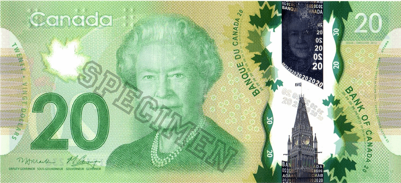 the front of a canadian 20 dollar bill
