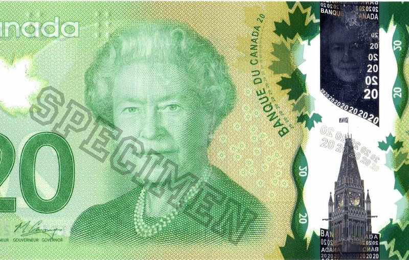 the front of a canadian 20 dollar bill